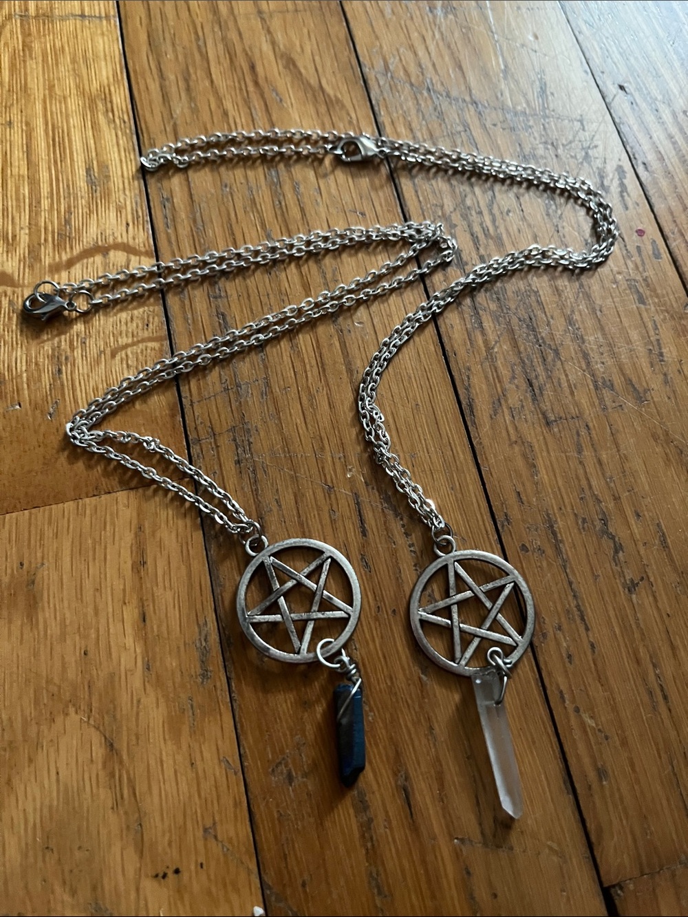 Set of 2 - Silver tone Pentagram Pendant Necklace with Crystal Charm